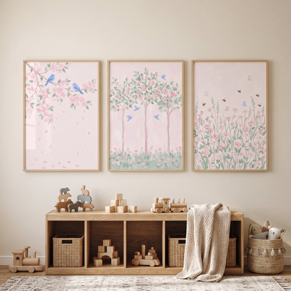 Delicate Spring Pink Garden Wall Art Set of 3 - Soft Garden Bliss
