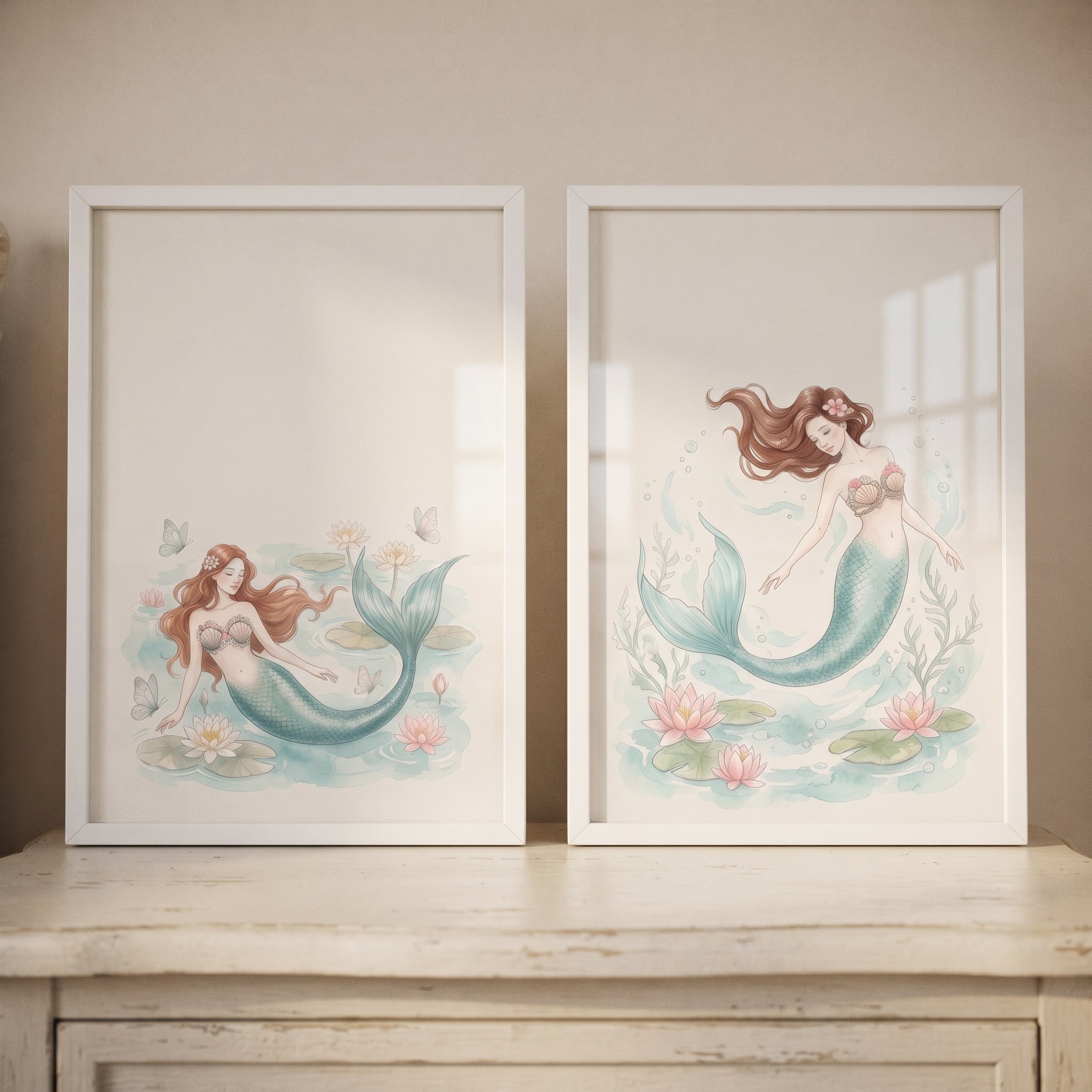 Delicate Teal Tail Mermaid Wall Art Set of 2 - Serene Mermaid Lagoon