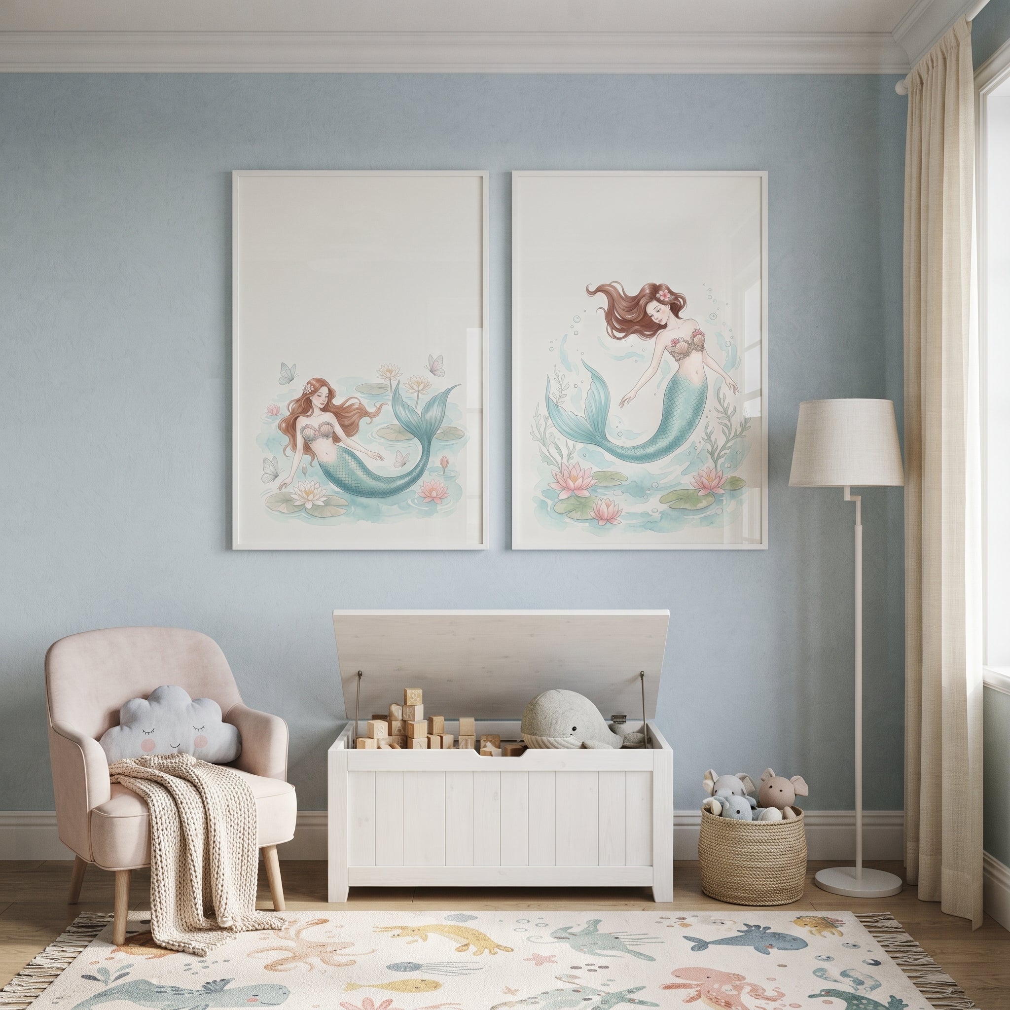 Delicate Teal Tail Mermaid Wall Art Set of 2 - Serene Mermaid Lagoon