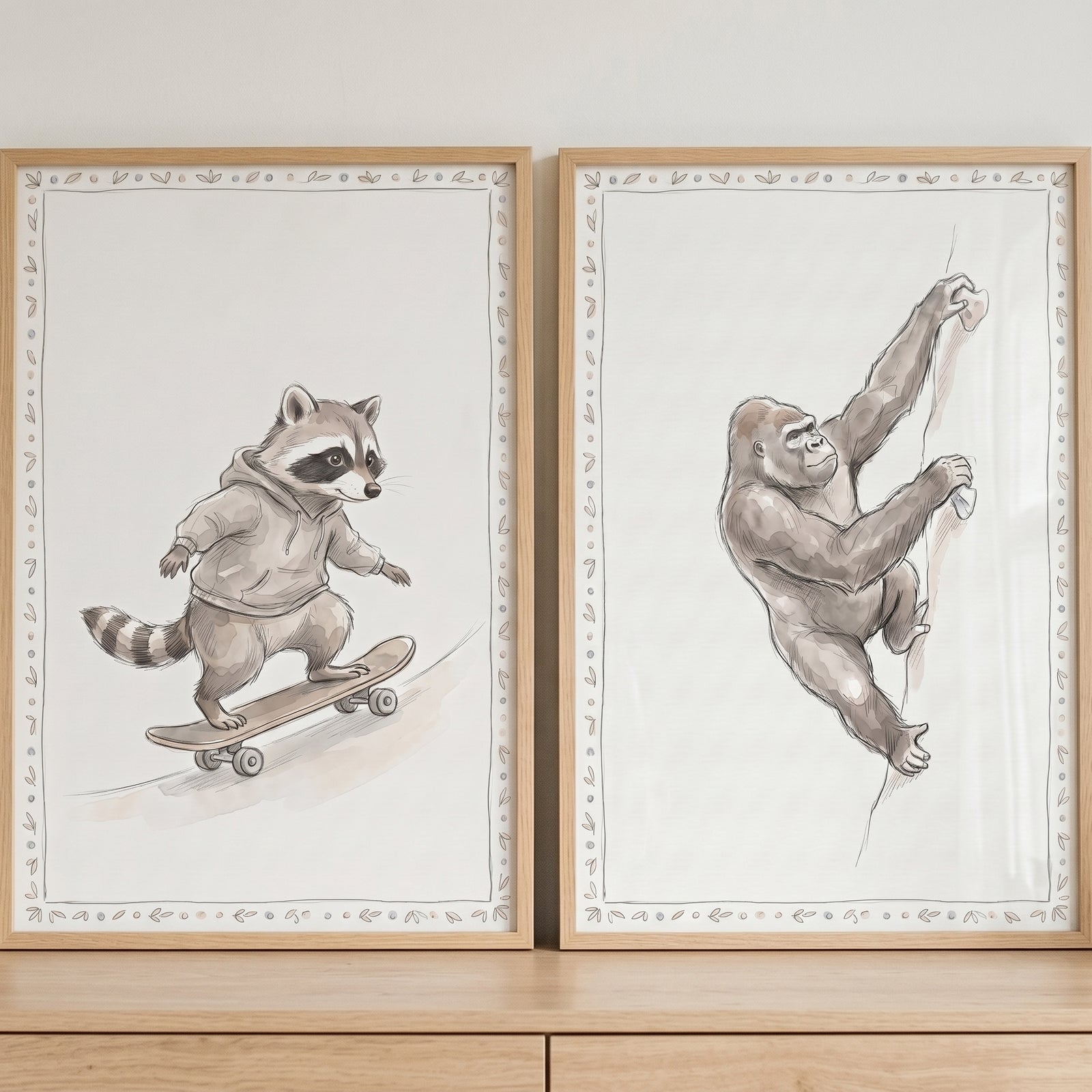 A raccoon skateboarding and a gorilla climbing in this delicate vine active animals wall art set of 2 with wooden frames.