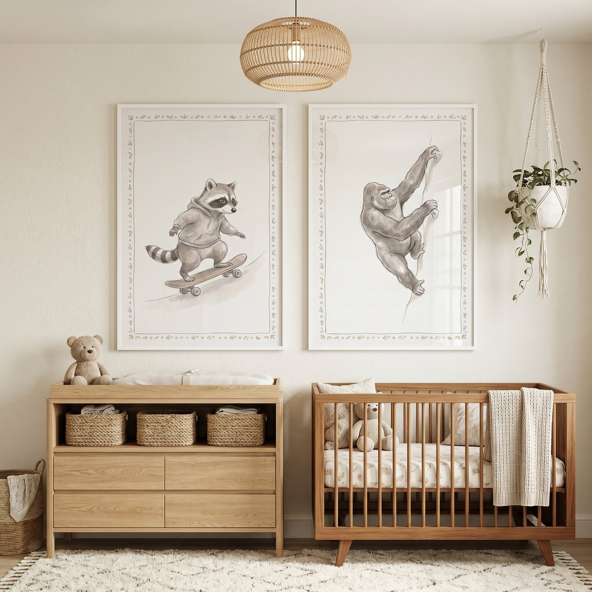 Delicate Vine Active Animals Wall Art Set of 2 - Active Animal Sketches