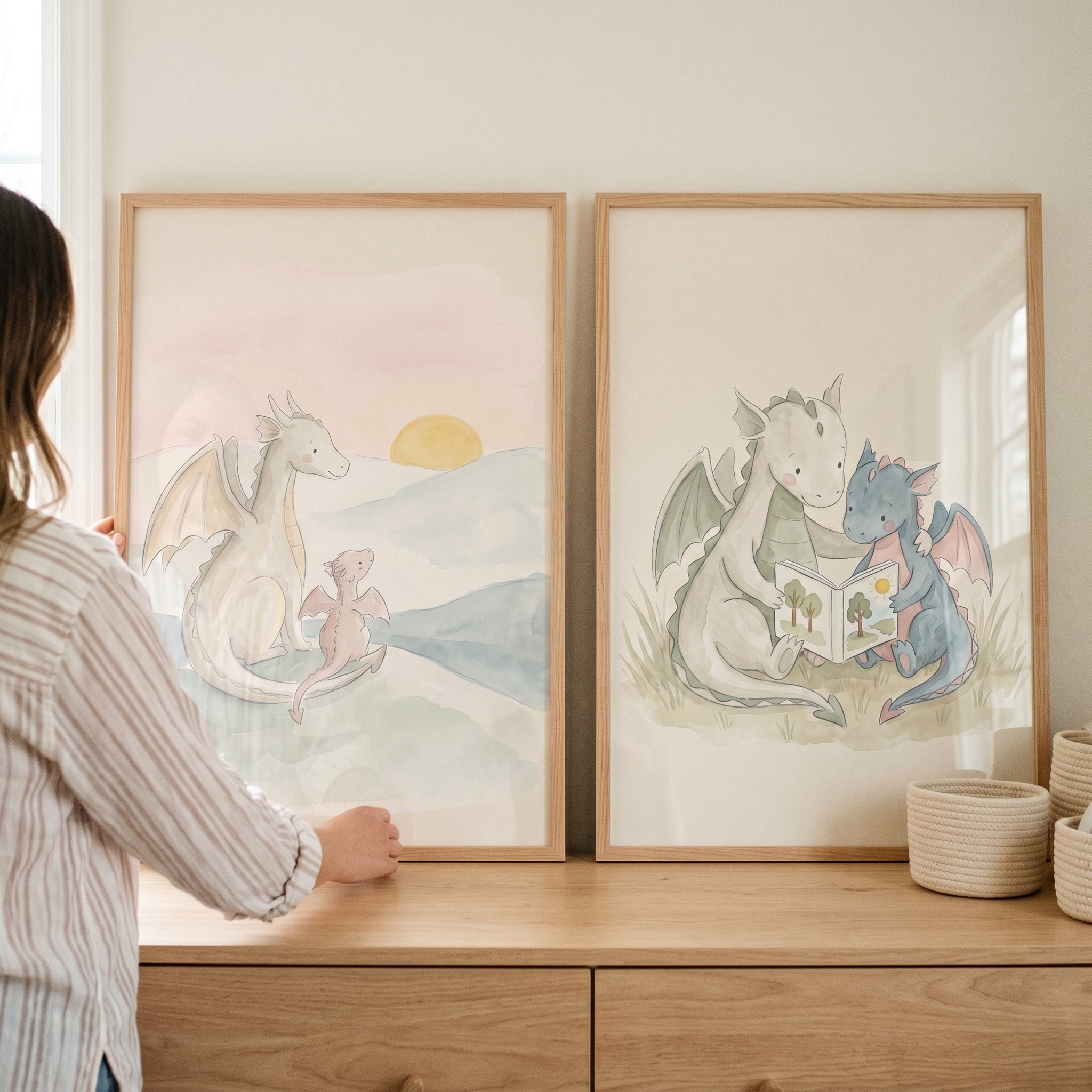 Delicate Watercolor Baby Dragons Wall Art Set of 2 - Gentle Dragon Stories