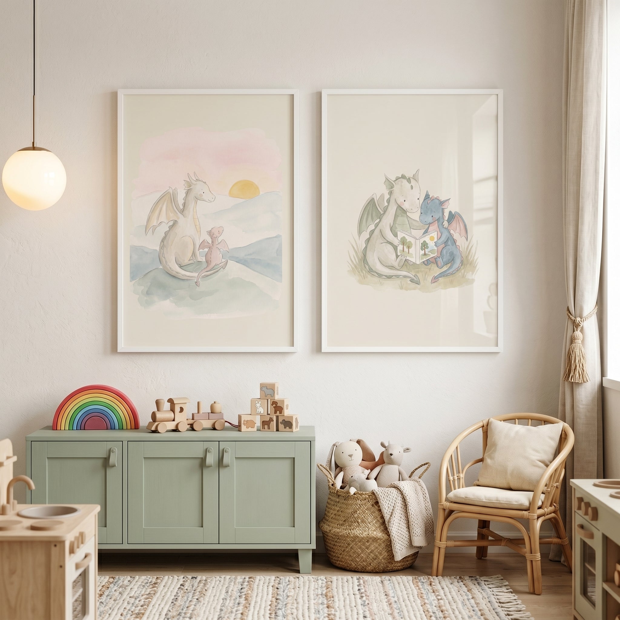 Delicate Watercolor Baby Dragons Wall Art Set of 2 - Gentle Dragon Stories