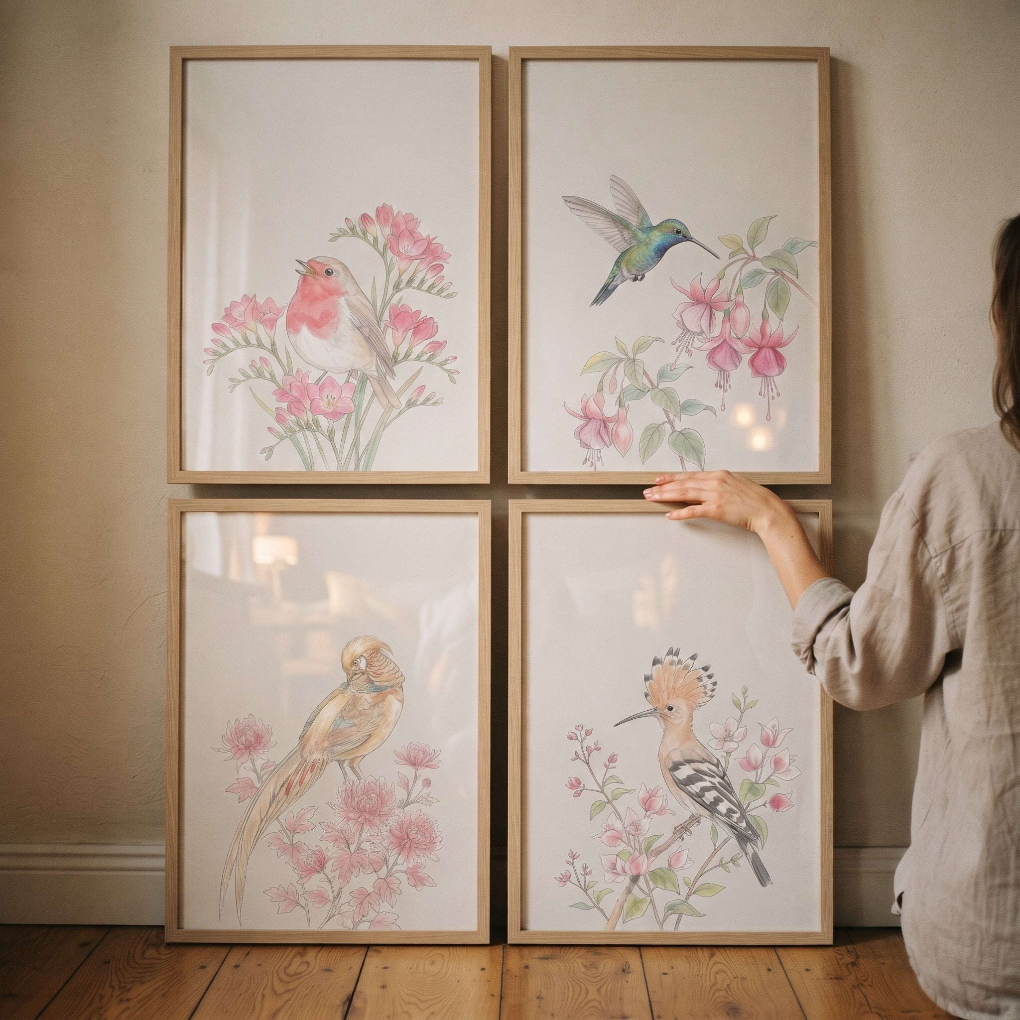 Delicate Watercolor Botanical Birds Wall Art Set of 4 - Soft Botanical Birds