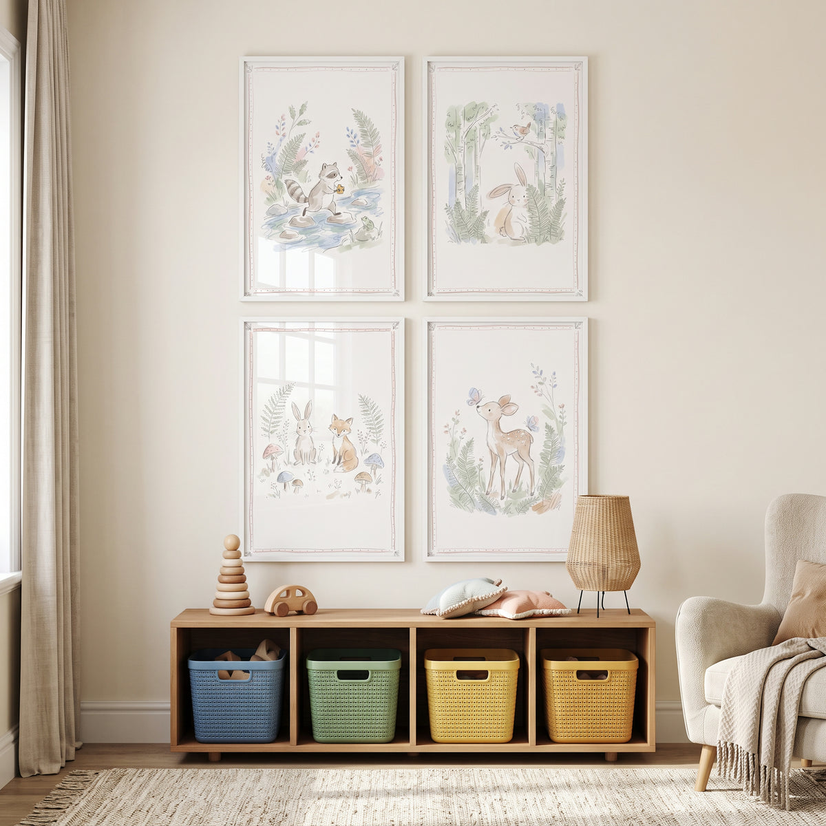 Delicate Watercolor Forest Creatures Wall Art Set of 4 - Gentle Meadow Creatures