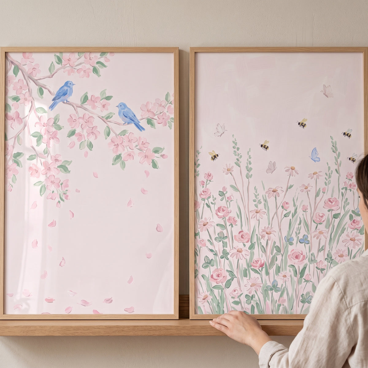 Delicate watercolor pink garden wall art set of 2 with blue birds on cherry blossoms and a wildflower field on a shelf.