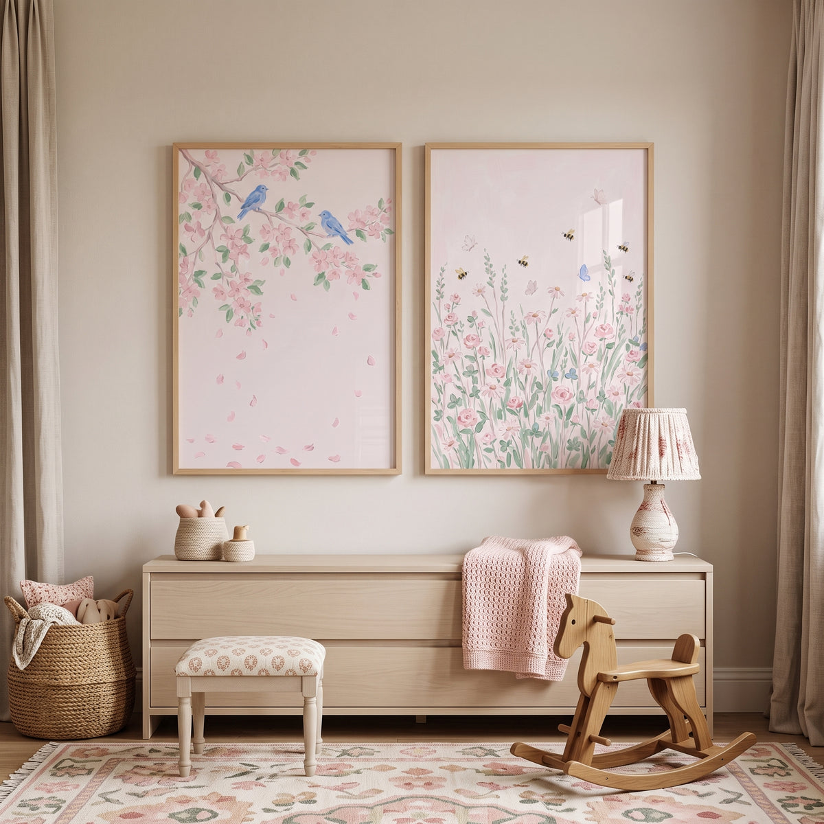 Delicate Watercolor Pink Garden Wall Art Set of 2 - Spring Blossom Meadow