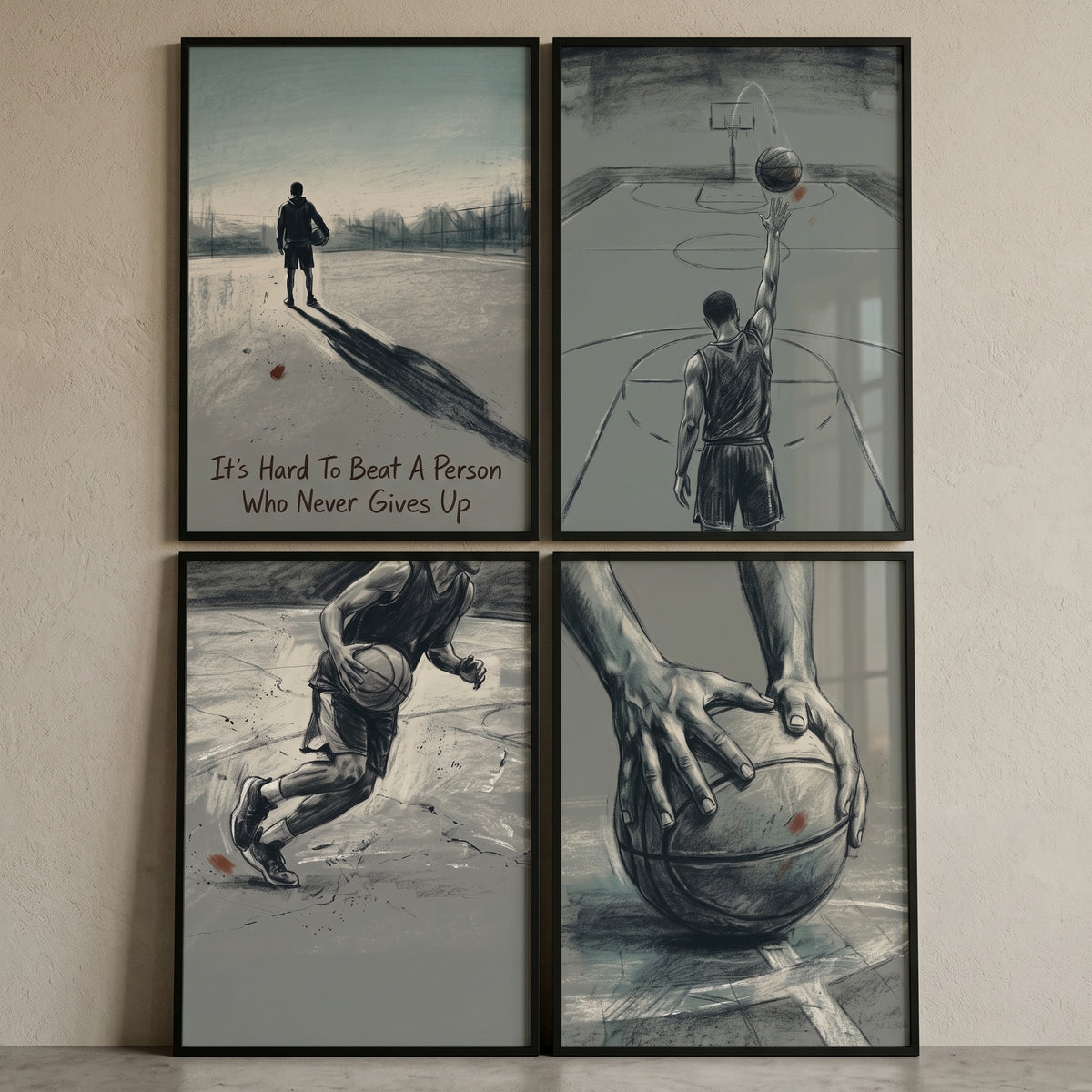 Denim blue basketball player sports wall art set of 4 featuring sketches of shooting, dribbling, and court scenes.