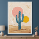 Modern room with a wood console table. A large framed textured painting of a blue saguaro cactus in a desert scene with pink and yellow suns hangs centered above the console table.