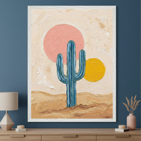 Modern room with a wood console table. A large framed textured painting of a blue saguaro cactus in a desert scene with pink and yellow suns hangs centered above the console table.