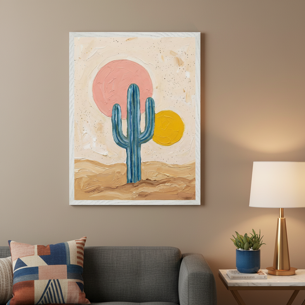 Modern living room with a gray sofa. A textured painting in a white frame depicting a blue cactus, a pink sun, and a yellow sun in a desert landscape hangs above the sofa. A side table with a lamp and plant is to the right.