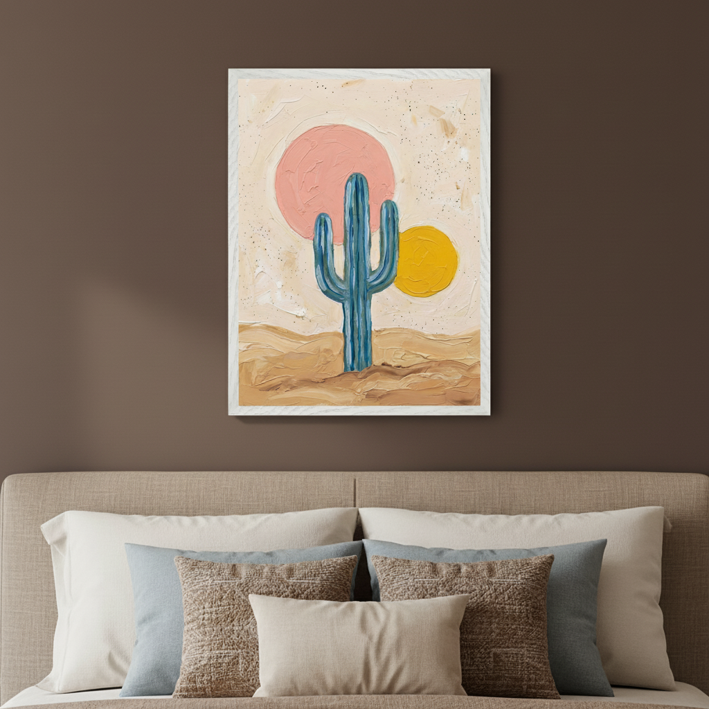 Bedroom with a beige bed and headboard. Above the bed hangs a framed textured painting of a blue saguaro cactus in a desert, with a large pink sun and a smaller yellow sun against a light background.