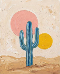 Stylized oil painting of a blue-toned saguaro cactus centered between large textured pink and yellow suns on a warm desert background, creating a playful modern desert aesthetic.
