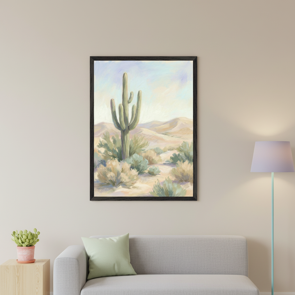 Modern living room with a gray sofa and wooden side table. A framed painting of a desert landscape with a saguaro cactus hangs above the sofa, to the left of a floor lamp.