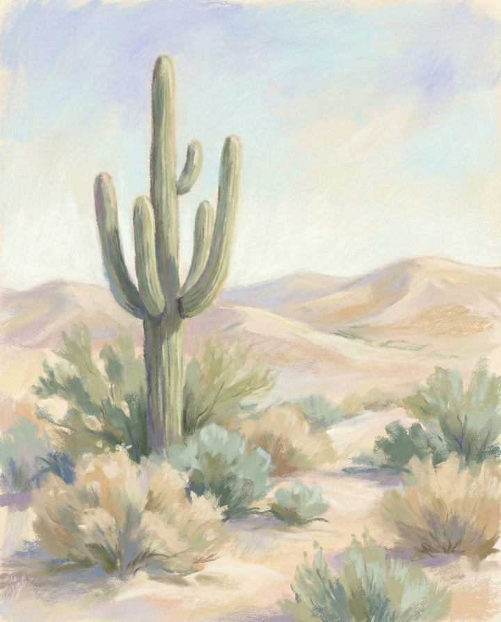Softly blended pastel drawing of a saguaro cactus surrounded by pale desert shrubs with rolling sand dunes and a dreamy sky, capturing a tranquil Southwestern landscape.
