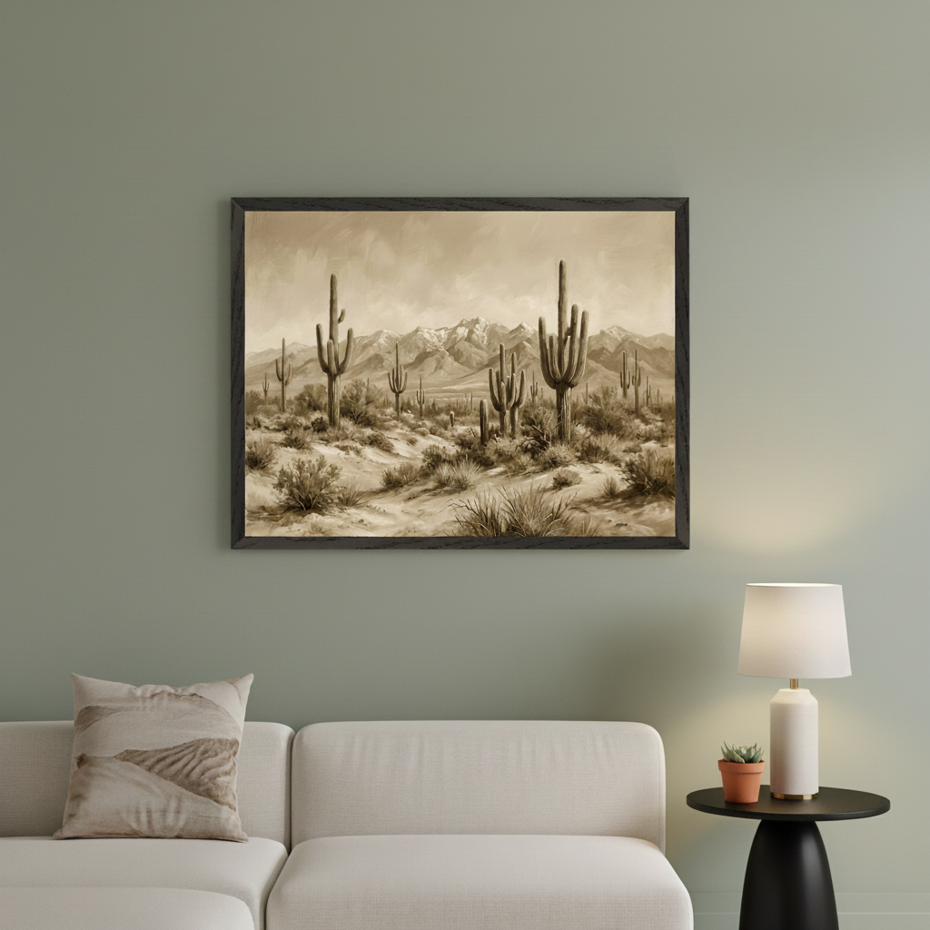 Modern living room with a white sectional sofa. A large framed sepia print of a desert landscape with saguaro cacti and snow-capped mountains hangs above the sofa. A black side table with a lamp is to the right.