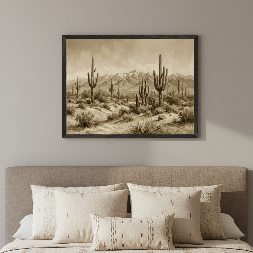 Bedroom with a beige bed and patterned pillows. A framed sepia desert painting of saguaro cacti and snow-capped mountains hangs centered above the bed.