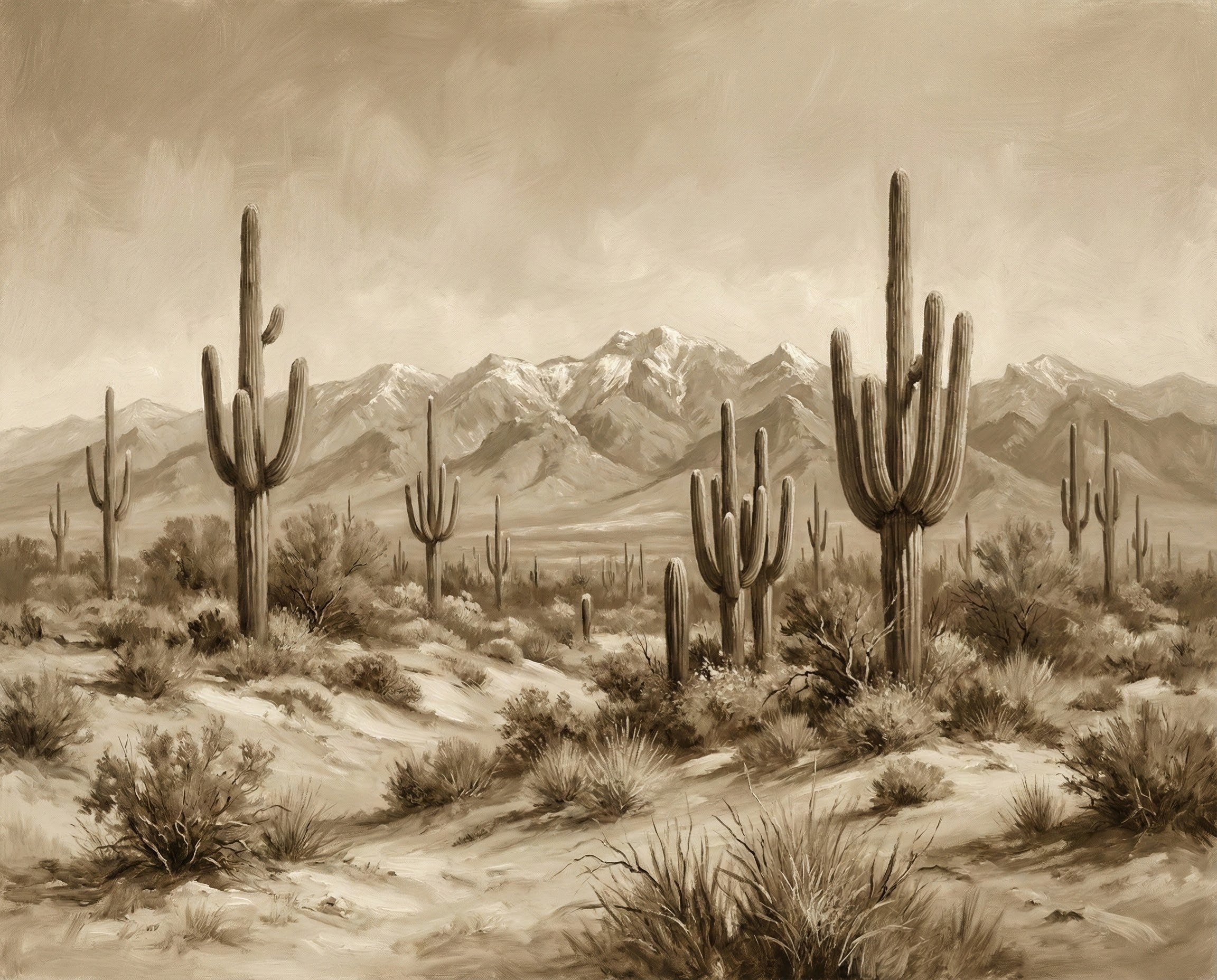 Vintage-style desert painting in sepia tones featuring tall saguaro cacti scattered across rocky terrain with snow-capped mountains in the distance under a dramatic sky, giving a timeless Western feel.
