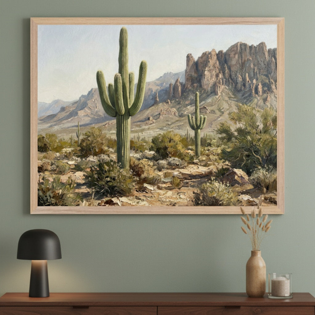 Modern room with a green wall and a dark wood dresser. A large framed oil painting of a desert landscape with saguaro cacti and mountains hangs above the dresser. A black lamp, a vase with dried wheat, and a candle are on the dresser.