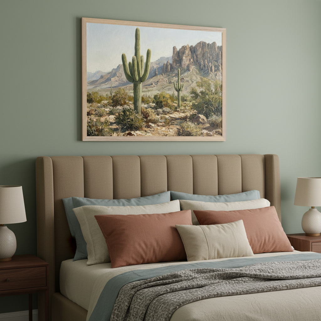 Modern bedroom with sage green walls, a beige upholstered bed, and two nightstands. A large framed realistic painting of a desert landscape with saguaro cacti and mountains hangs above the bed.