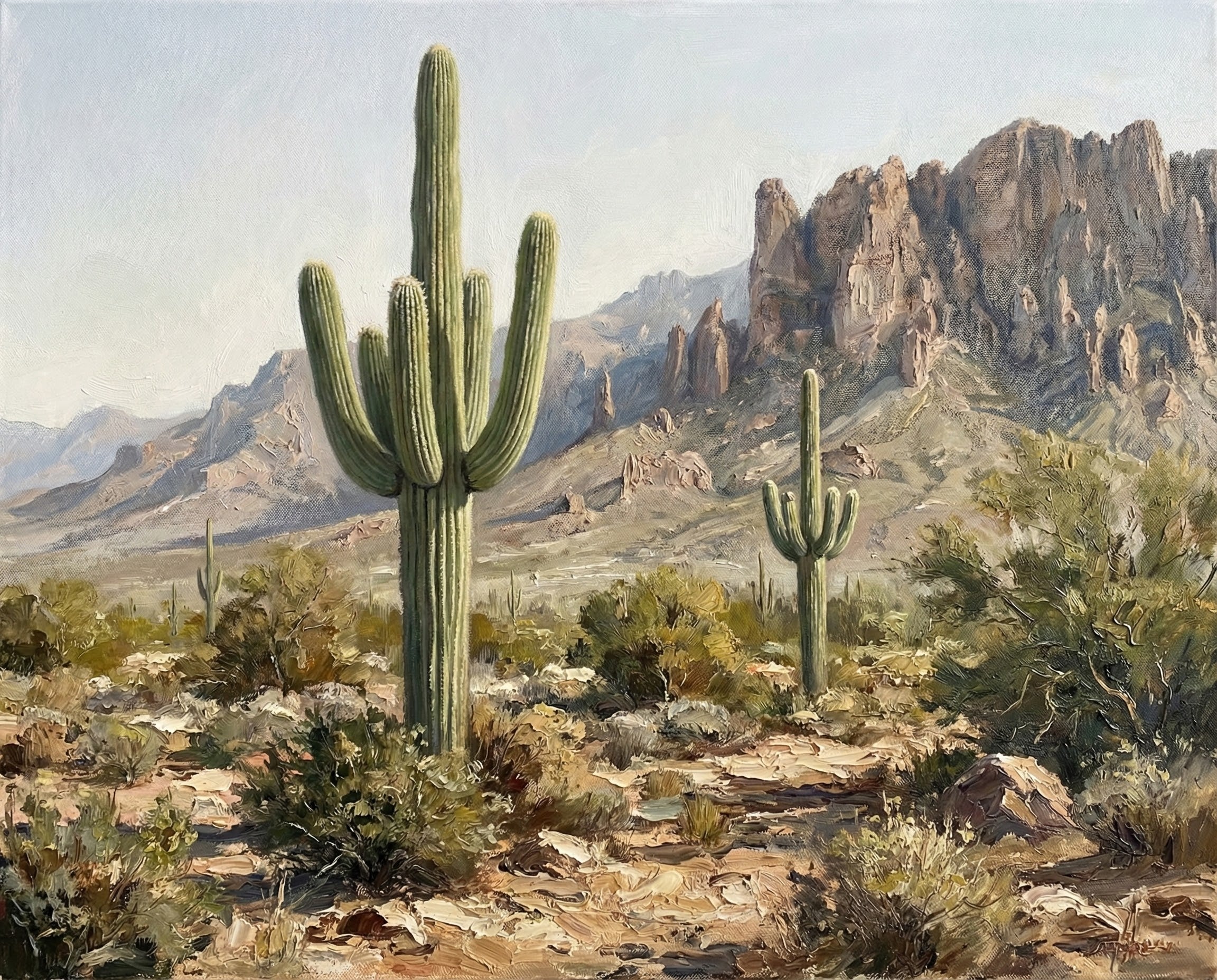 Realistic oil painting of a sunlit desert landscape with towering saguaro cacti, rugged mountain cliffs, and green desert shrubs in the foreground, showcasing the dramatic beauty of the American Southwest.
