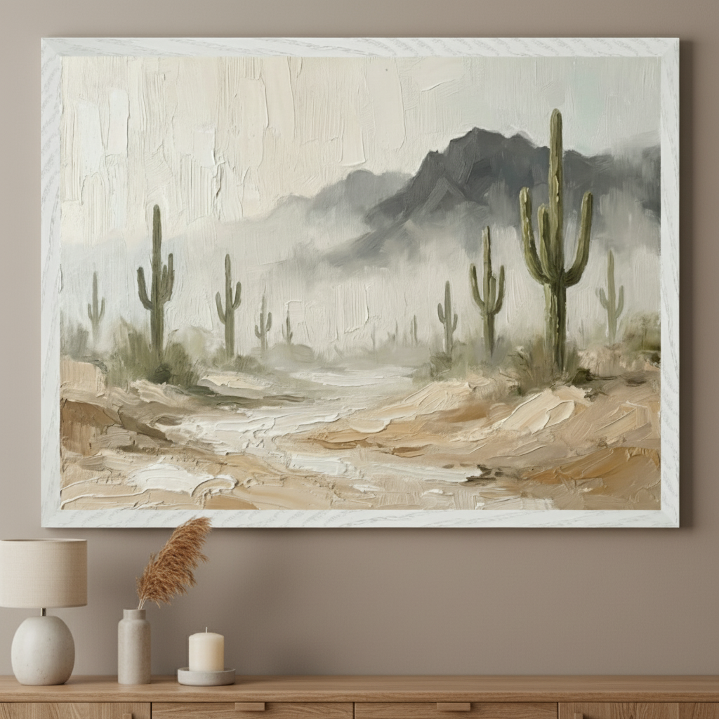 Modern room with a wooden dresser. A large white-framed impressionistic painting of a desert landscape with saguaro cacti, misty mountains, and a path hangs above the dresser.