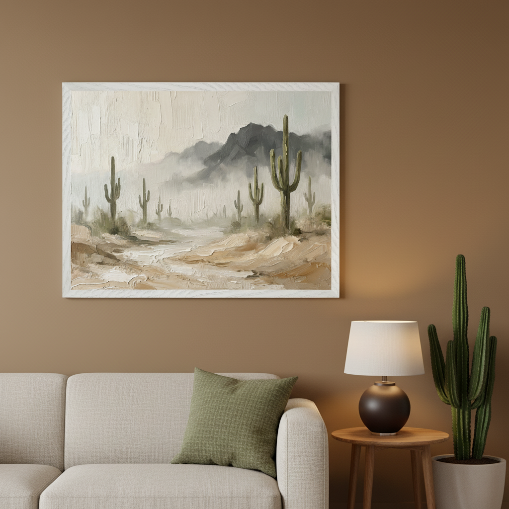Living room with a light beige sofa and a wooden side table. A large white-framed textured painting of a desert landscape with saguaro cacti, sandy paths, and misty mountains hangs above the furniture.