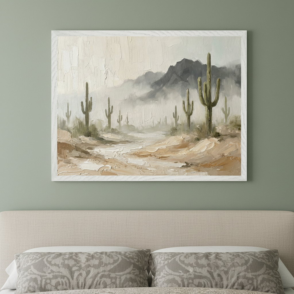 Modern bedroom with an upholstered headboard and patterned pillows. A large, white-framed, textured oil painting of a desert landscape with saguaro cacti, misty mountains, and a sandy path hangs above the bed.