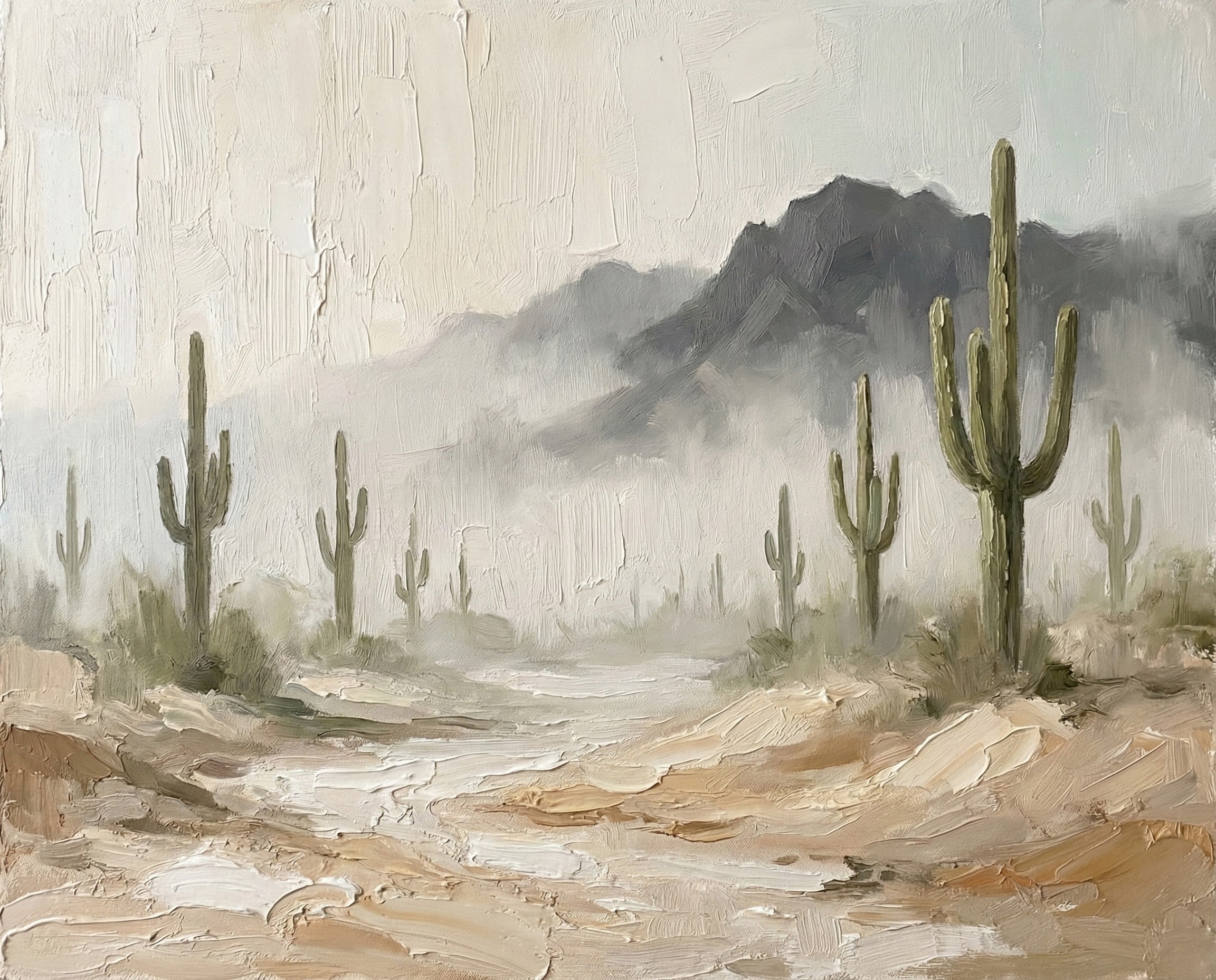 Textured painting of a soft, foggy desert with clusters of tall saguaro cacti and faint mountains in the distance, blending muted earth tones to create a peaceful Southwestern mood.
