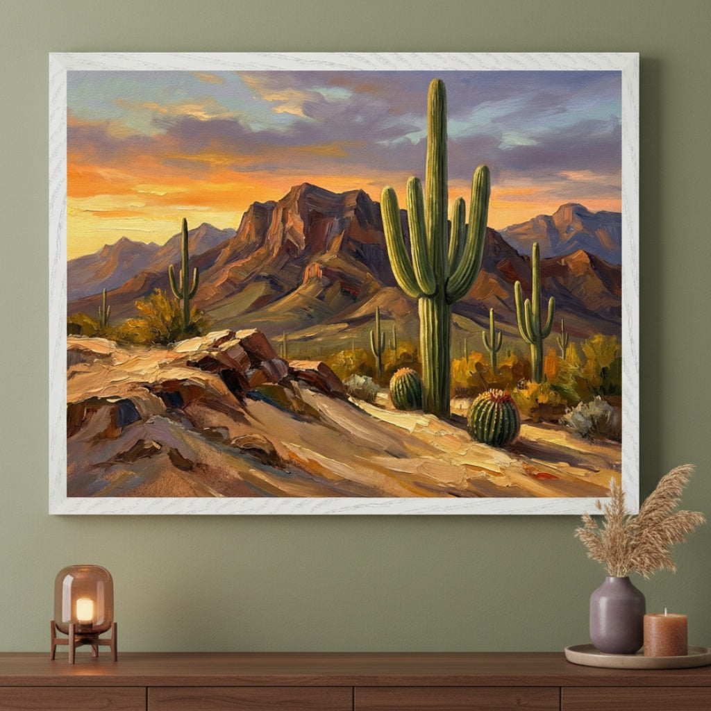 Modern room with an olive green wall and a dark brown wooden console table. A large white-framed oil painting depicting a desert landscape with saguaro cacti and mountains at sunset hangs centered above the table.