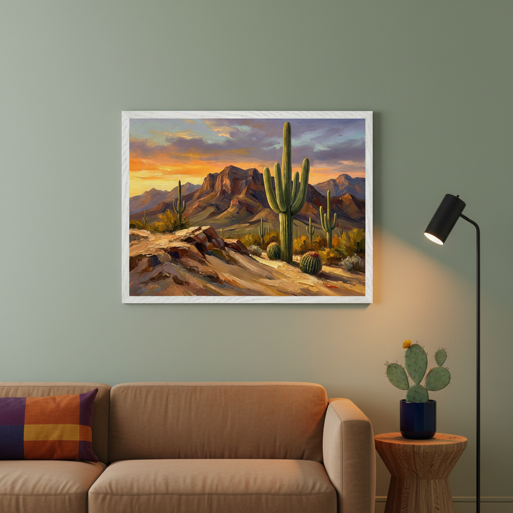 Modern living room with a tan sofa. A large framed oil painting of a desert landscape with saguaro cacti and mountains under a sunset sky hangs above the sofa.