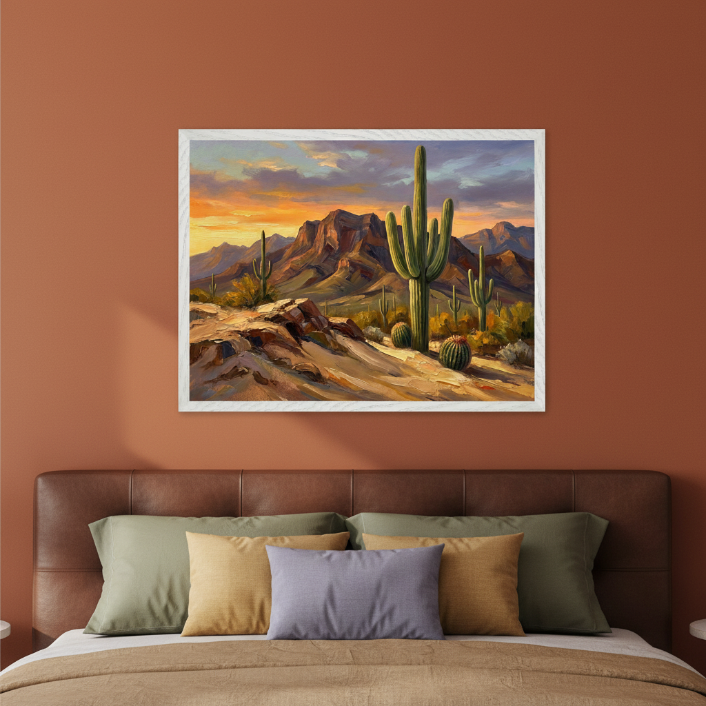 Contemporary bedroom with a brown leather bed. A framed impressionistic painting of a desert landscape with saguaro cacti and mountains at sunset hangs centered above the bed.