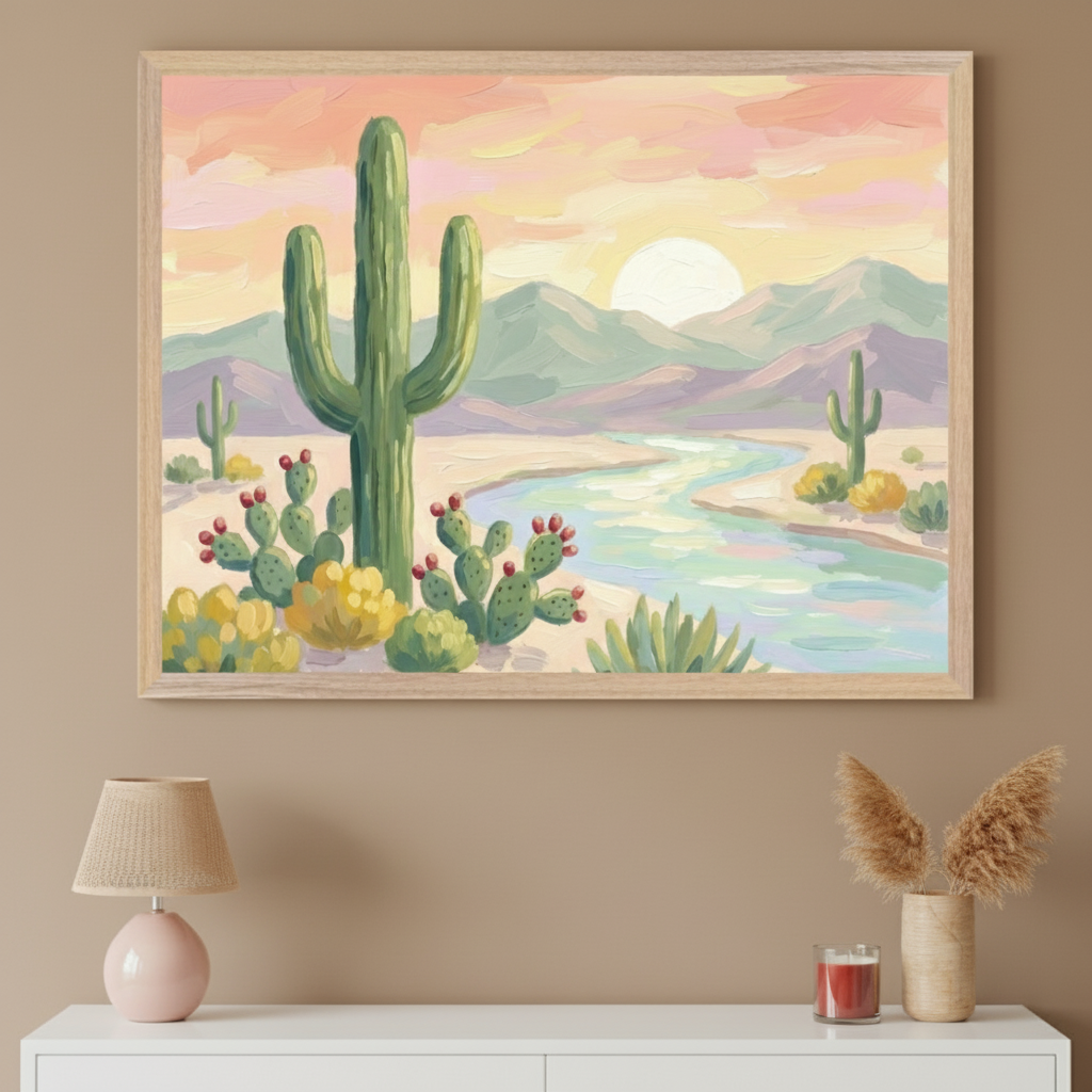 Modern living room with a white dresser. A large framed painting of a pastel desert landscape hangs above the dresser, featuring saguaro and prickly pear cacti, a river, and mountains under a setting sun in a painterly style.