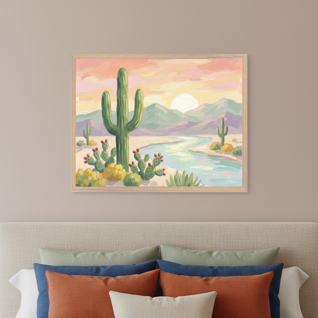 Modern bedroom with a bed and fabric headboard. A framed painting of a desert landscape with a saguaro cactus, other cacti, a river, and mountains under a pastel sunset hangs above the bed, painted in a textured, stylized manner.