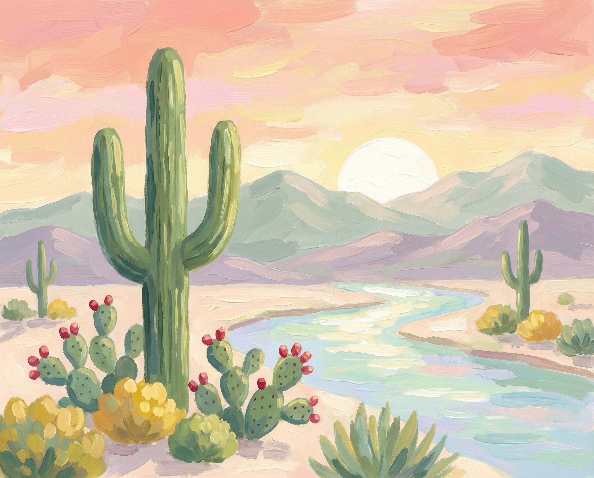 Bright and playful painting of a desert river winding through blooming prickly pear cacti, golden shrubs, and saguaro cacti under a pastel sunrise sky and purple mountain range.
