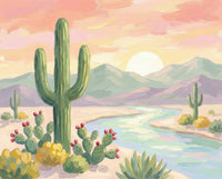Bright and playful painting of a desert river winding through blooming prickly pear cacti, golden shrubs, and saguaro cacti under a pastel sunrise sky and purple mountain range.
