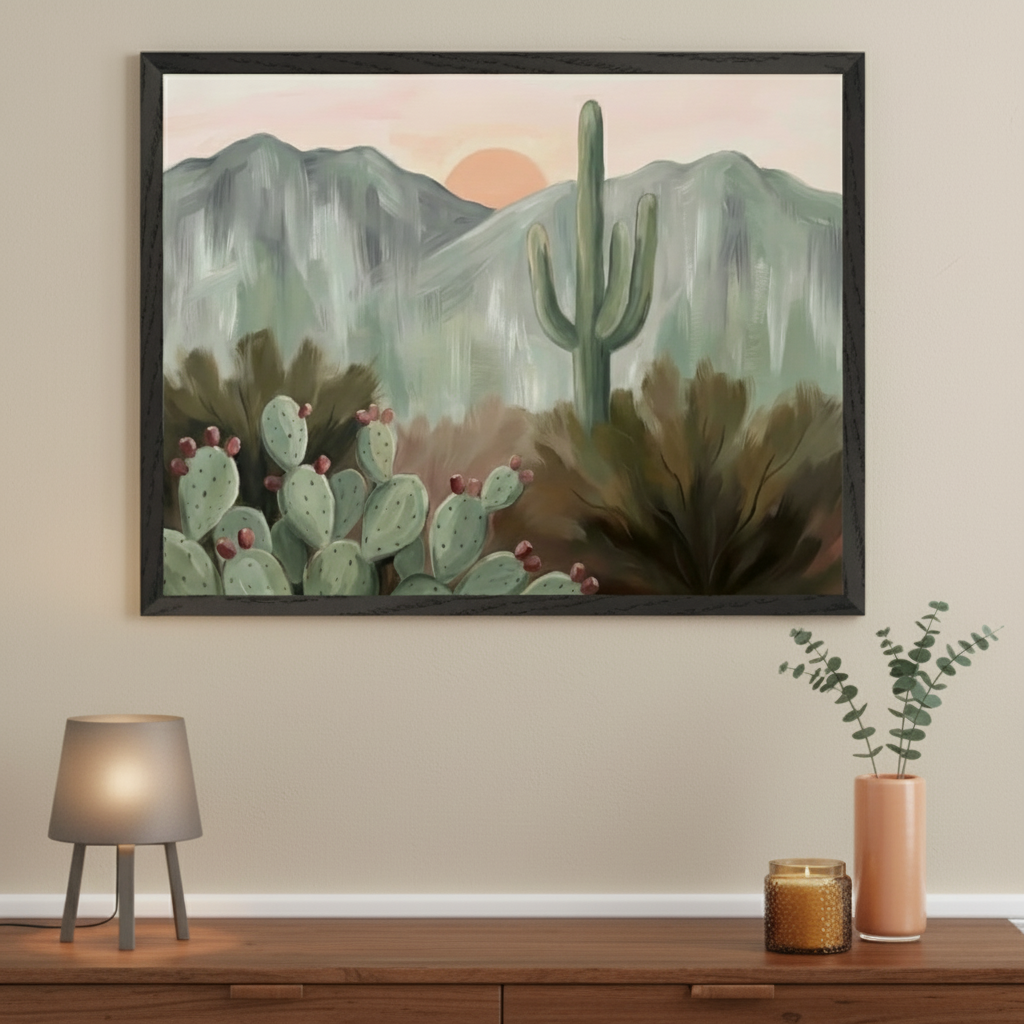 Modern room with a wooden dresser. A large black-framed painting of a desert landscape with saguaro and prickly pear cacti, mountains, and a sunset, in a painterly style, hangs centered above the dresser.
