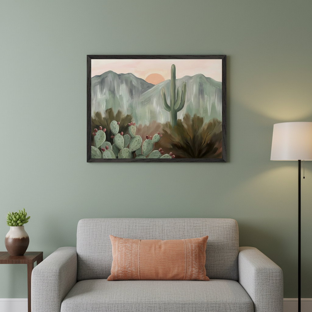 Modern living room with a light gray sofa. A framed, painterly desert landscape painting with cacti, mountains, and a sunset hangs above the sofa. A floor lamp stands to the right.