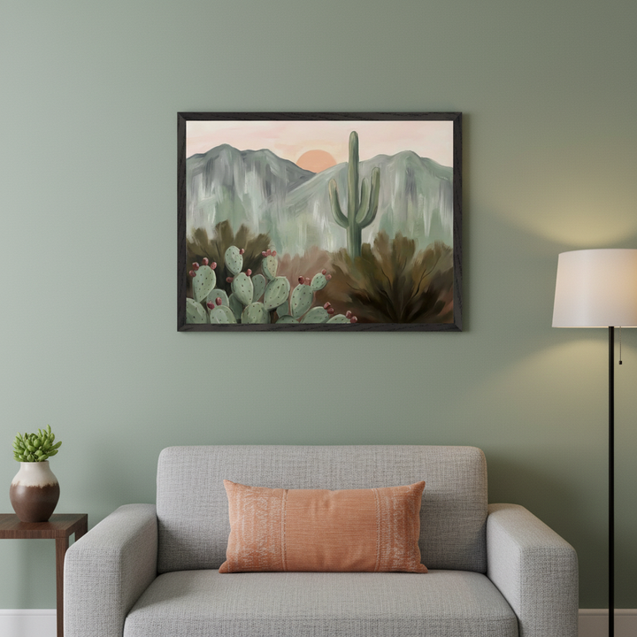 Modern living room with a light gray sofa. A framed, painterly desert landscape painting with cacti, mountains, and a sunset hangs above the sofa. A floor lamp stands to the right.