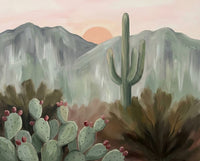 Soft desert painting with a saguaro cactus in front of dusty green mountains, surrounded by deep green prickly pear cacti with ripe red fruit and muted desert foliage at dusk.
