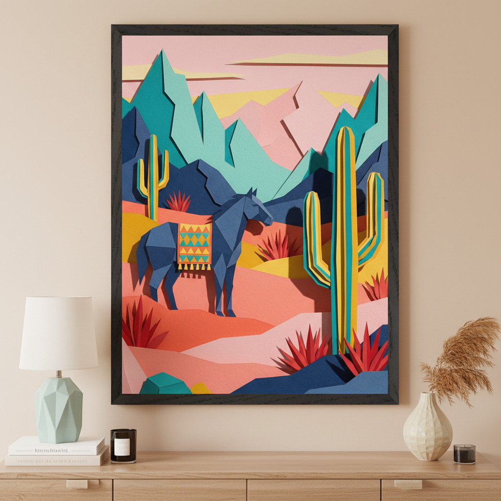 Modern room with a large framed layered paper-cut art depicting a desert scene with a blue horse, cacti, and mountains in vibrant hues, centered above a wooden dresser. A lamp, books, and a vase are on the dresser.