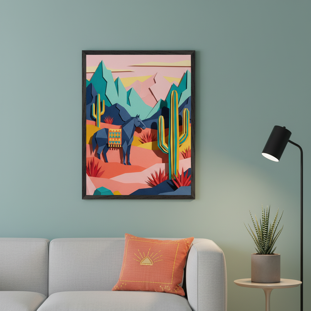 Modern living room with a light gray sofa and an orange patterned cushion. A large framed paper-cut style artwork of a desert scene with mountains, cacti, and a blue horse with a patterned blanket hangs above the sofa. A black floor lamp and a potted plant are to the right.
