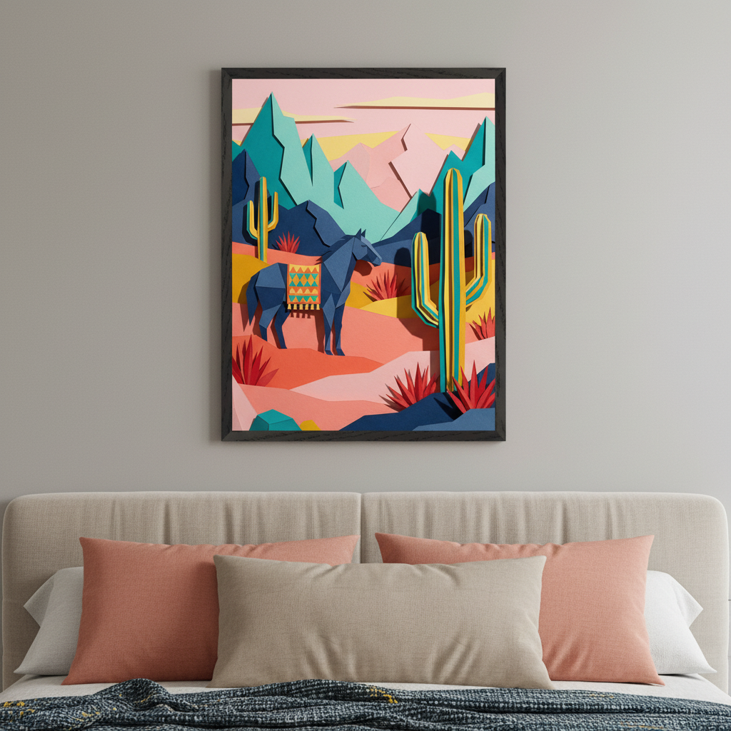 Modern bedroom with an upholstered headboard. A framed geometric, paper-cut style artwork depicting a desert scene with a blue horse, cacti, and mountains in vibrant colors hangs above the bed.