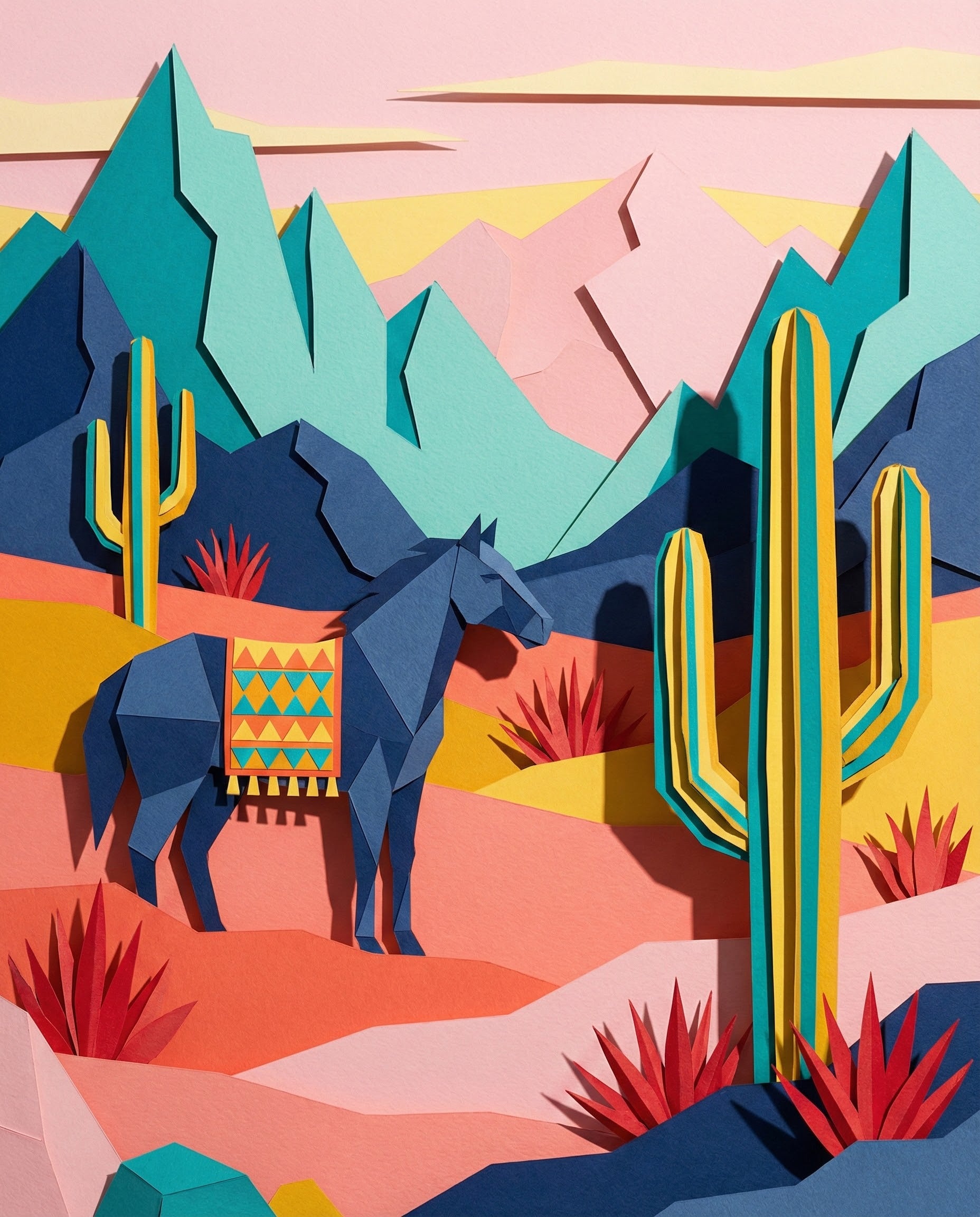 Colorful paper-cut style artwork of a desert landscape with bright geometric cacti, spiky red plants, and a blue horse wearing a patterned saddle, all set against bold mountains and a pastel sky.
