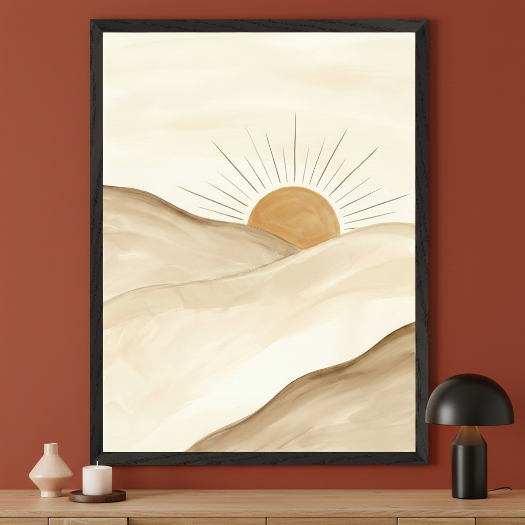 Modern room with a terracotta wall and light wood console table. A large black-framed watercolor art piece hangs above the table, depicting a desert landscape with beige hills and a radiant orange sun. A vase, candle, and black lamp are on the table.