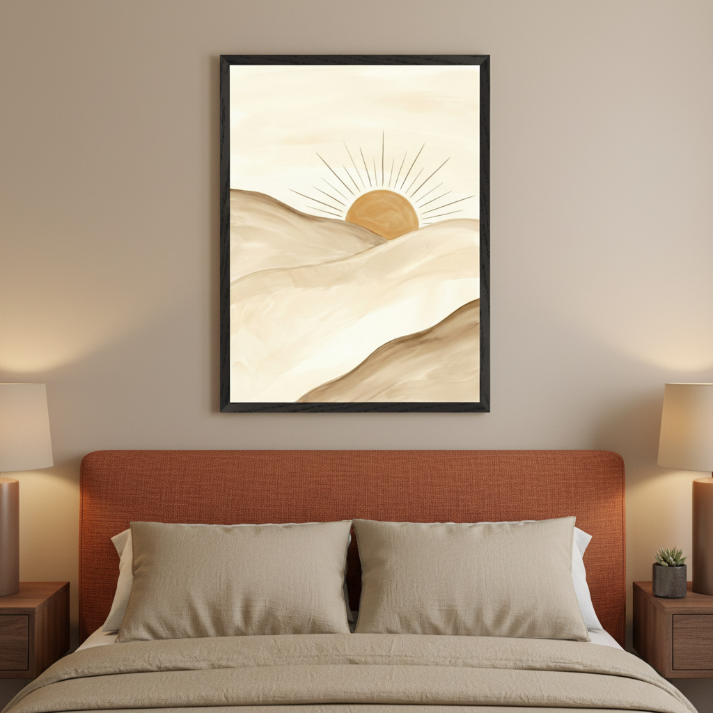 Modern bedroom with an orange bed and two nightstands. A large framed abstract desert landscape in warm watercolor style, featuring rolling hills and a radiating sun, hangs centered above the bed.