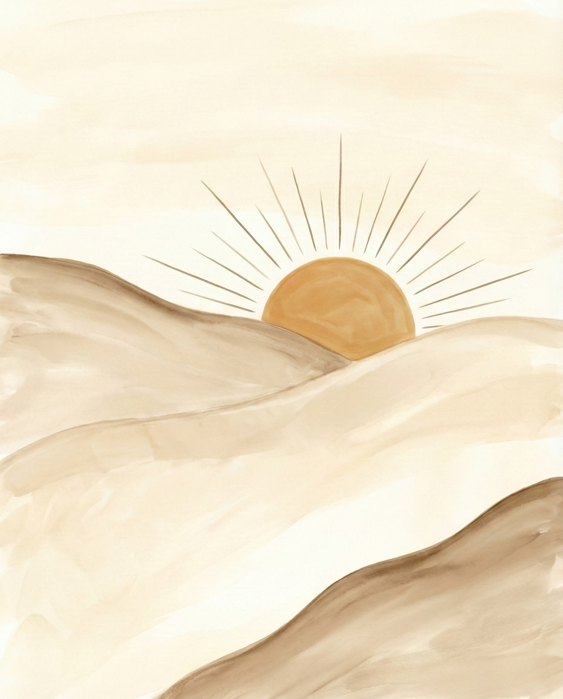 A minimalist, abstract painting depicting a warm sun rising over soft, rolling desert hills. The subtle beige and brown tones, along with the sun's radiant beams, create a peaceful and calming atmosphere, making it a perfect addition to modern and serene spaces.
