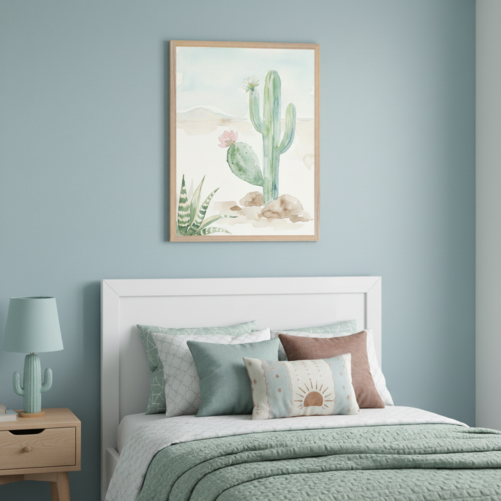 Modern bedroom with a white bed, green bedding, and a wooden nightstand with a cactus lamp. A framed watercolor desert art print, featuring saguaro and prickly pear cacti with flowers, hangs above the bed.