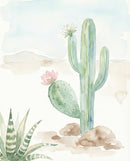 Light and airy watercolor painting of a saguaro and prickly pear cactus with pink and white blooms surrounded by desert plants against a soft sky and faint mountains, evoking calm desert minimalism.
