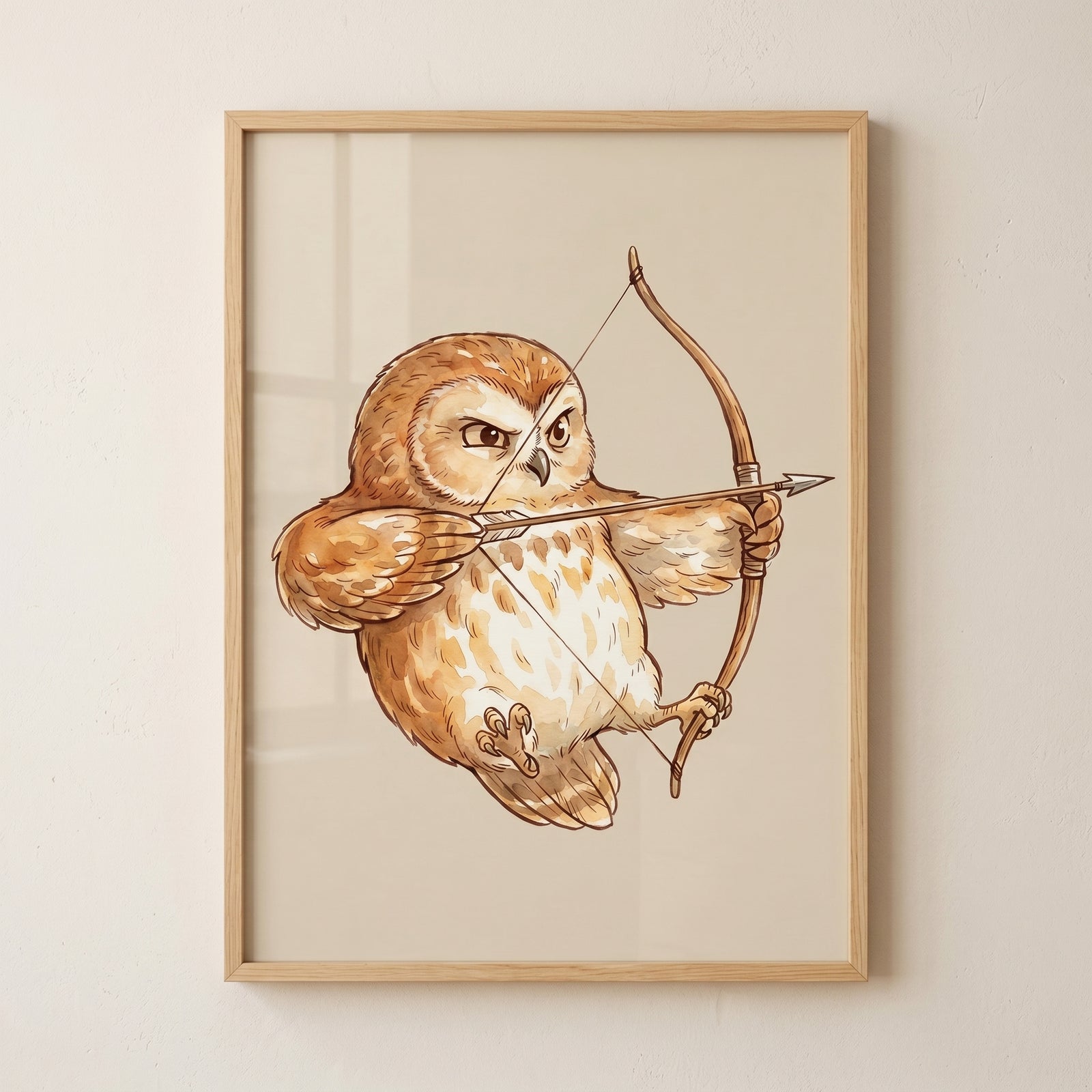 Determined brown archer owl wall art features a fierce small bird aiming a wooden bow and arrow in a light frame.